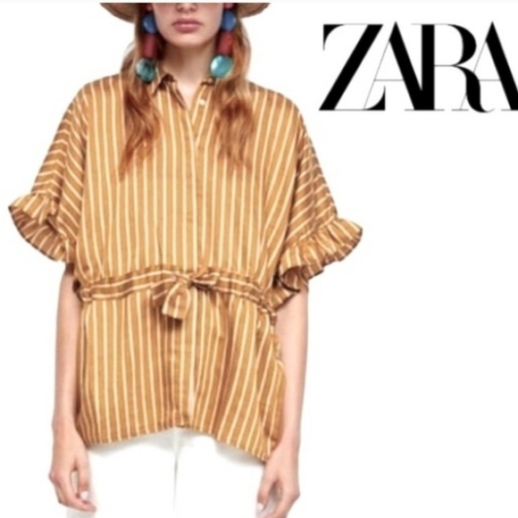 Zara Tops - Zara Woman Striped Button Down Peplum Style Top Ruffled Sleeves Small